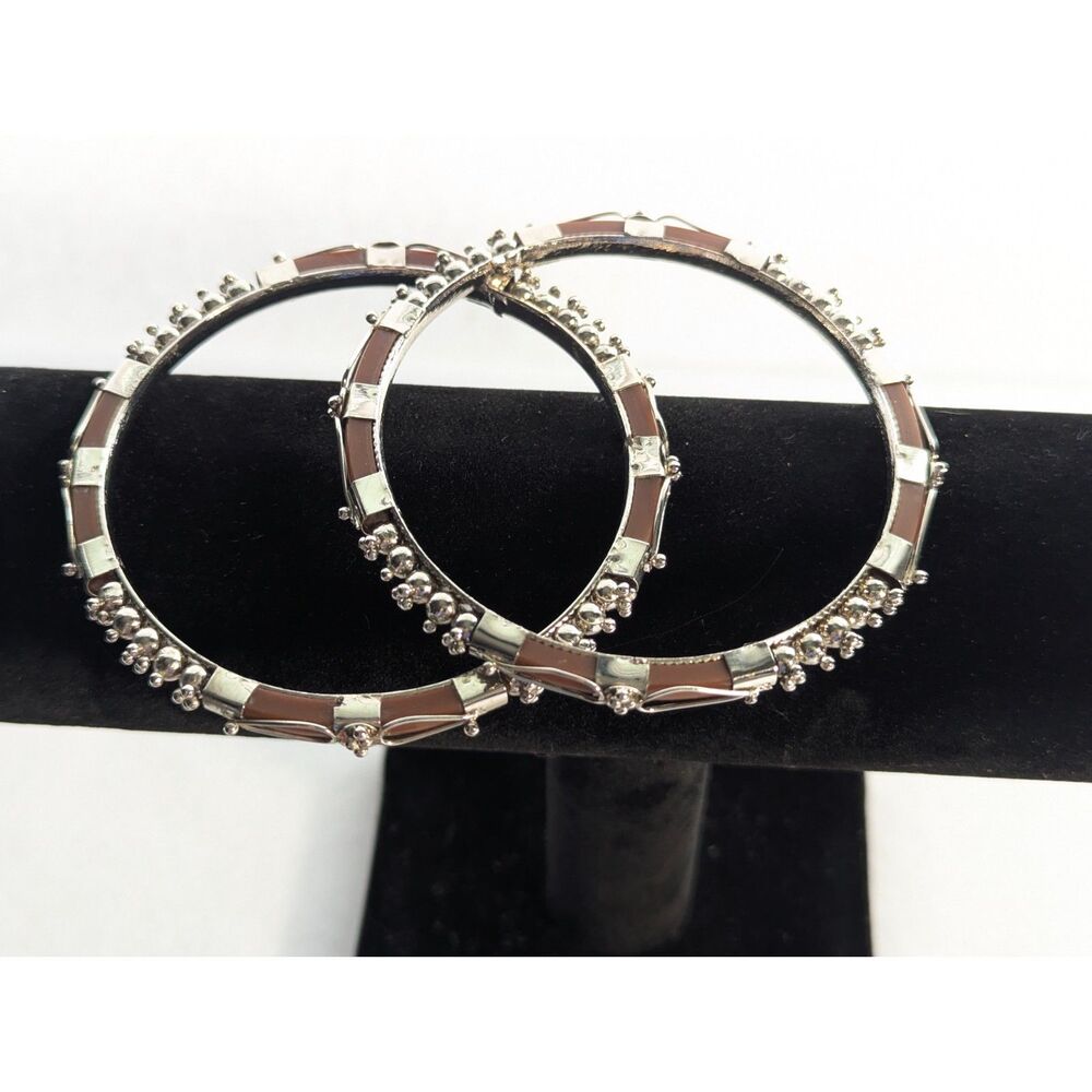 Silver Tone and Chestnut Acrylic Bangle Bracelet Set of Two 8 inch - Picture 6 of 7